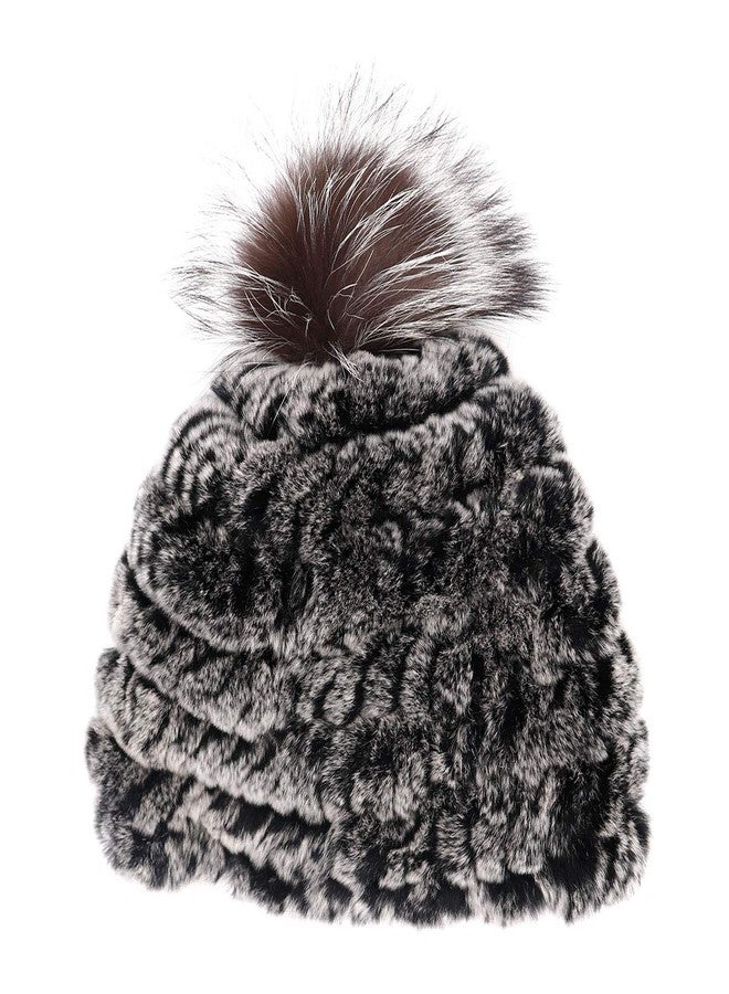 surell - Rex Rabbit Fur Textile Knit Beanie with Fox Fur Pom - Thick Fuzzy Ski Style Hat - Warm Winter Fashion - Fashionable Cold Weather Accessories Gift - (Black Frost, Blue Frost) - Image 1